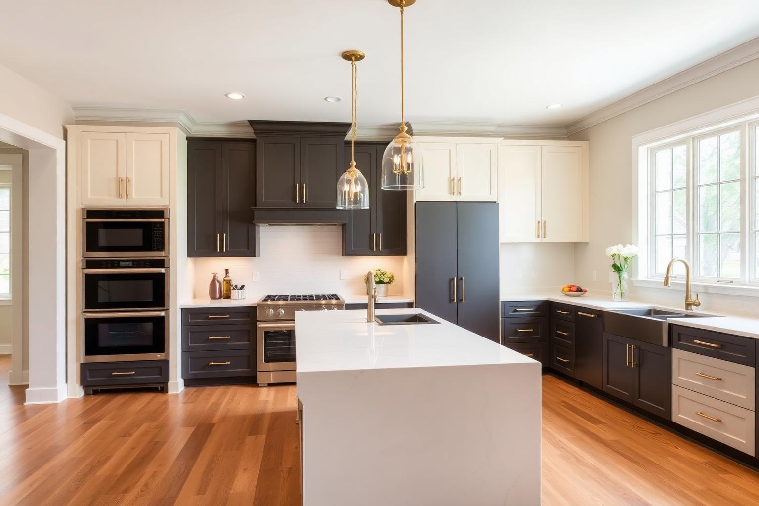 Renovated two-tone kitchen with quartz island in a Vaughan home